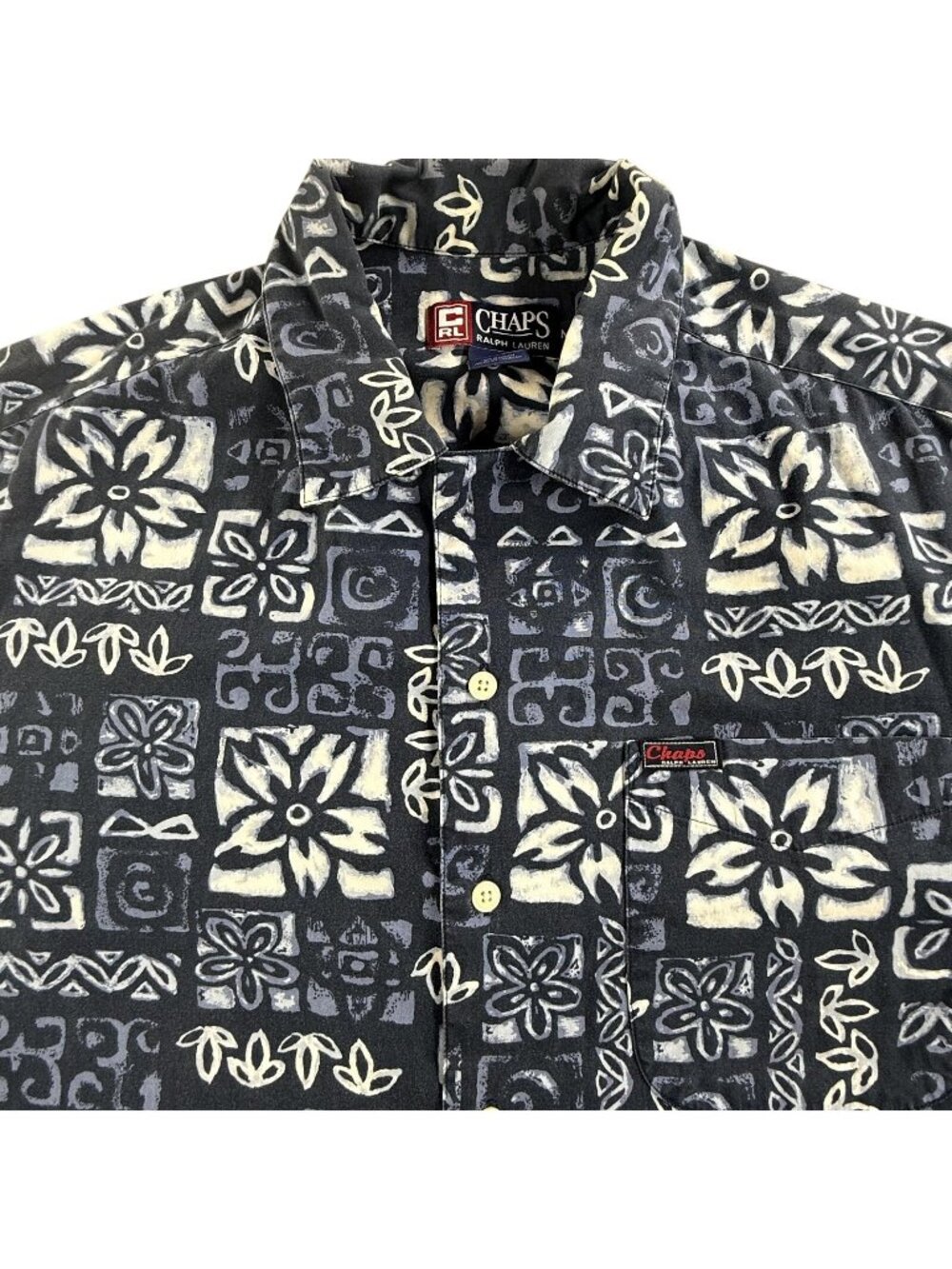 Vintage Chaps Ralph Lauren Shirt Mens Medium Blue Floral Hawaiian Button Up 90s